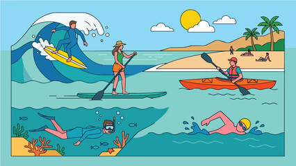 Fototapeta premium Active people enjoying various water sports and outdoor activities during summer beach vacation illustration