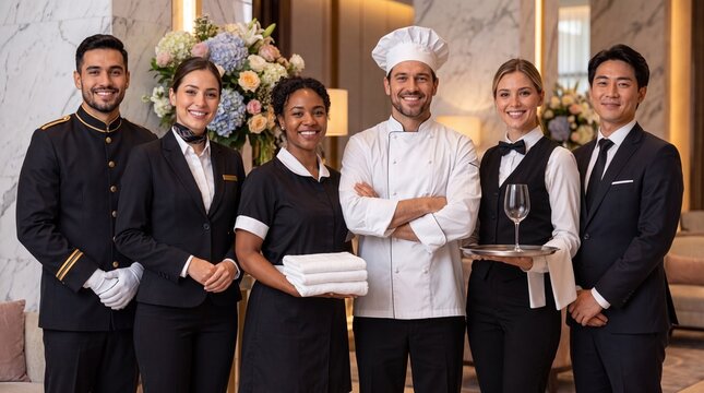 A diverse team of hotel professionals, including concierge, chef, and service staff, standing together in a luxury hotel lobby, smiling at the camera.
