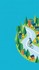Obraz premium Illustrated cyclist riding along a winding road through a colorful village with houses and trees
