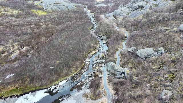 Aerial view of the hiking trail leading to Briksdalsbreen glacier, Norway.