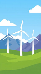 Fototapeta premium Three white wind turbines on green hills under blue sky with clouds