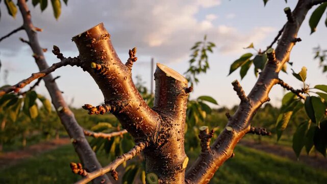 A freshly pruned cherry tree branch in an orchard. Seasonal horticultural care for promoting new growth. Agriculture and fruit farming concept