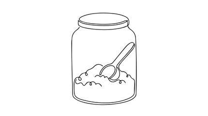 Obraz premium Baby formula powder with scoop in container. Continuous line art illustration. Minimalist vector drawing of infant nutrition isolated on white background