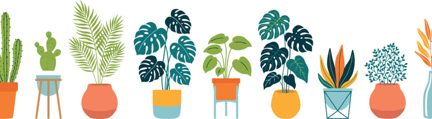Fototapeta premium Potted houseplant vector set featuring various green indoor plants monstera cactus and fern illustrations for modern home decor and interior design graphics