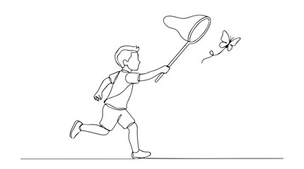 Fototapeta premium Boy chasing butterfly with net. Continuous line art vector illustration. Minimalist black and white outline drawing of a child playing outdoors