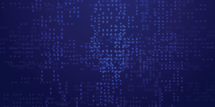 Dark blue background with digital square pattern and glowing data fragments.