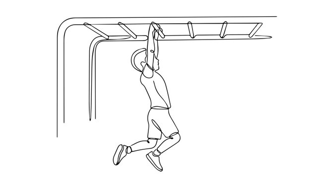 Boy hanging from monkey bars on a playground. Continuous line art drawing. Minimalist active play vector illustration isolated on white background