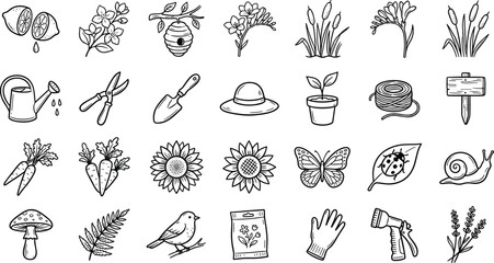 Garden and Nature Doodle Icon Set Featuring Hand Drawn Plants Flowers Tools Agriculture Vegetables and Backyard Wildlife Vectors © AB