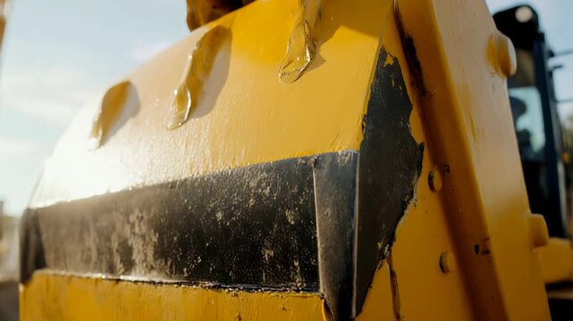 Close-up of worn yellow and black painted metal on heavy machinery. Detail of scratched construction equipment surface