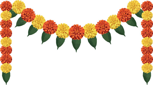 Traditional Indian marigold flower garland vector illustration featuring orange and yellow toran elements with green mango leaves for festival doorway decorations