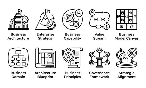 Business architecture and enterprise strategy minimalist vect line icon set. Model canvas and strategic alignment symbols. Concept for organizational framework UI UX web design and corporate planning.