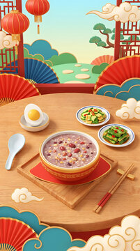 Chinese Laba congee served with side dishes and decorated with red lanterns