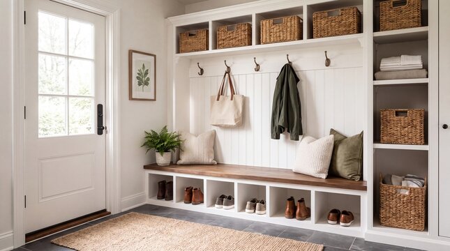 A bright, organized home entryway featuring a white mudroom bench with built-in storage, woven baskets, wall hooks with coats, and a cozy seating area.