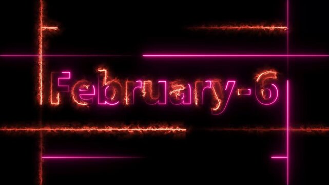 Abstract Neon February 6 calendar date Animation 4k video. Neon bright 6 February date text magenta red color animation. Suitable for event promotion, important.