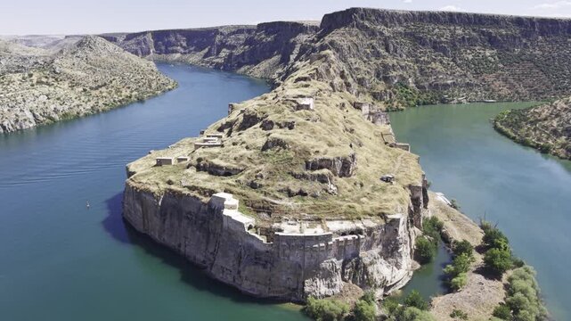 Cinematic Drone Flight Around Rumkale Historic Fortress on the Euphrates River in Gaziantep, Turkey