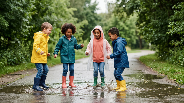 Diverse group of four young children in colorful raincoats and rubber boots jumping and splashing in a water puddle. Kids playing outside on a wet path after rain