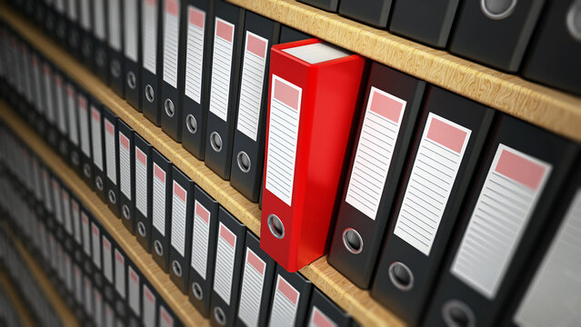 Red folder standing out in the shelf. 3D illustration