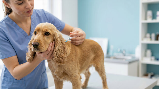 Female veterinarian in blue scrubs administering a vaccine injection with a syringe to a golden Cocker Spaniel dog. Pet receiving medical care on an examination table in a modern veterinary clinic