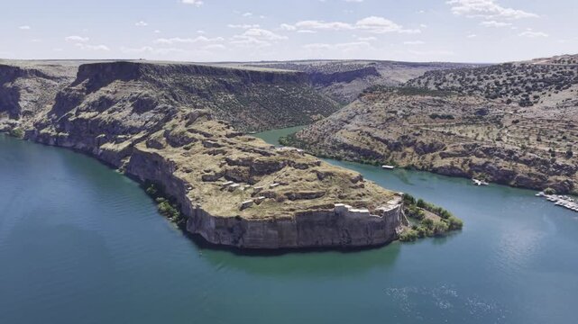 Cinematic Drone Flight Around Rumkale Historic Fortress on the Euphrates River in Gaziantep, Turkey