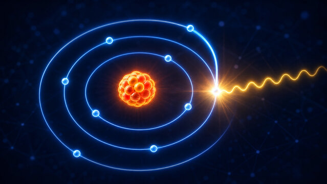 Scientific illustration of the Bohr model of an atom, a glowing nucleus surrounded by circular electron orbits, an electron jumping between energy levels emitting a photon as a bright flash, dark blue
