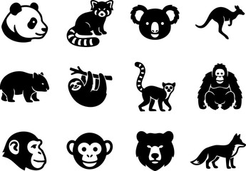 Variety of wild animal and mammal silhouette icons with red panda silhouette kangaroo wildlife © BD 
