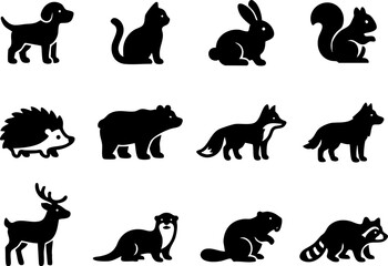 Set of diverse wild forest animal silhouette icons with wildlife silhouette squirrel hedgehog © BD 