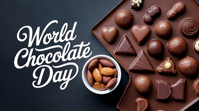 World chocolate day celebration with assorted gourmet chocolates and hazelnuts