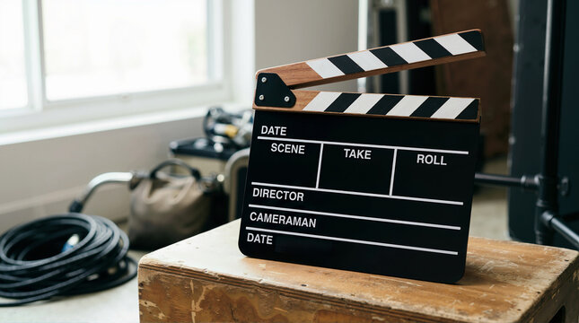 Close up of a black film clapperboard on a wooden crate. Movie production slate with studio equipment and cables in the background. Filmmaking and cinematography concept