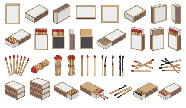 Blank Matchbox and Wooden Match Vector Collection Isolated on White Background