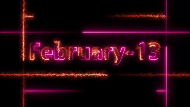Abstract Neon February 13 calendar date Animation 4k video. Neon bright 13 February date text magenta red color animation. Suitable for event promotion, important.