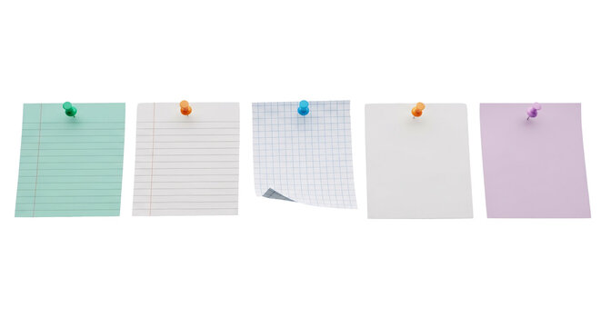 Five blank paper notes with colorful push pins on transparent.