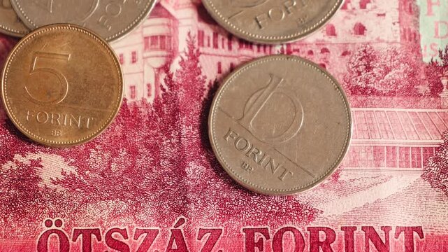 Banknote details of Hungarian forint and coins. High quality 4k footage