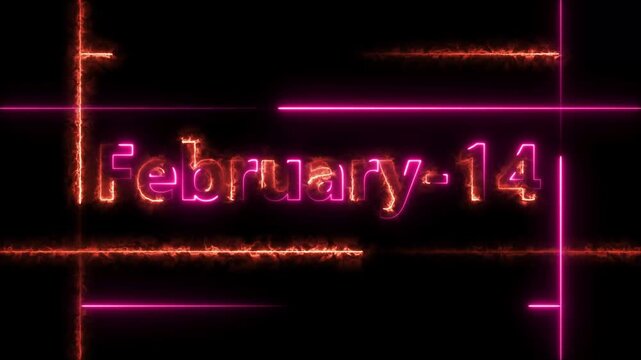 Abstract Neon February 14 calendar date Animation 4k video. Neon bright 14 February date text magenta red color animation. Suitable for event promotion, important.