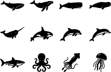 Ocean animals and sea creatures silhouette set featuring whales dolphins and shark, jellyfish ©  BD UNIK SAIFUL