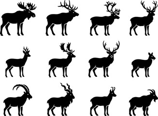 Set of wild deer and animal silhouettes featuring elk moose reindeer and stag icons, reindeer © BD 