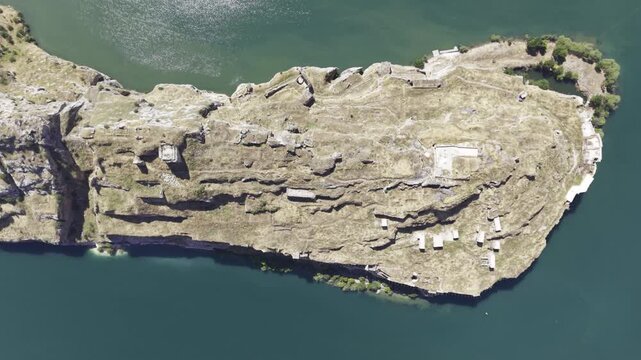 Cinematic Drone Flight Around Rumkale Historic Fortress on the Euphrates River in Gaziantep, Turkey