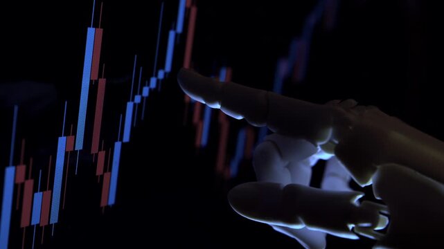 Cinematic close up of humanoid robot hand analyzing economic financial charts on computer monitor. AI business forecasting metaphor, dark office of dim lighting.