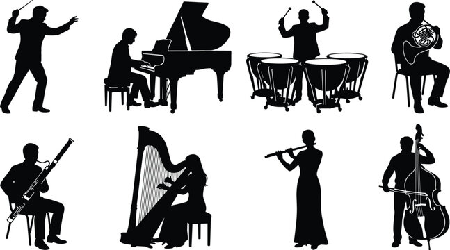 Orchestra Musician Silhouette Collection with Classical Instrument Players and Conductor Vector Set