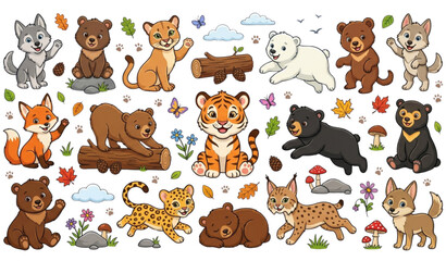 Fototapeta premium Colorful Cartoon Predator Wildlife Collection with Cute Tigers, Wolves, Pumas and Bears Vector Illustration
