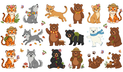 Obraz premium Cute Predator Animal Vector Set with Tiger, Wolf, Puma and Bear Cartoon Wildlife Clipart for Kids
