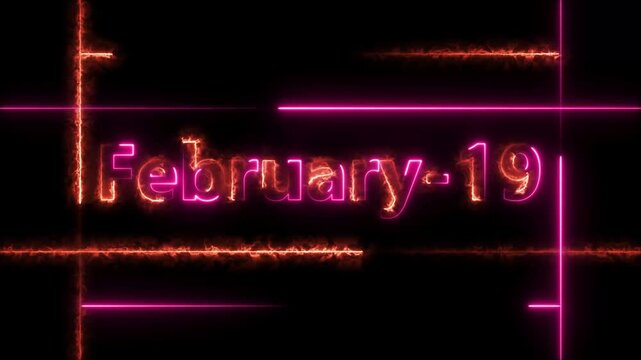 Abstract Neon February 19 calendar date Animation 4k video. Neon bright 19 February date text magenta red color animation. Suitable for event promotion, important.