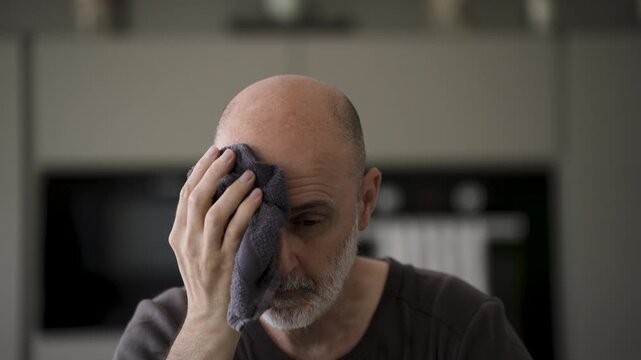 One mature adult man tired and sweating on hot summer day in home office without air condition trying to refresh with wet towel

