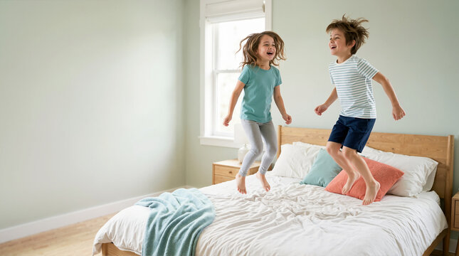 Happy siblings jumping on a bed in a bright bedroom. Energetic boy and girl playing and laughing at home
