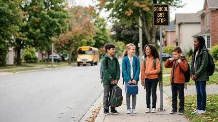 Obraz premium Diverse group of children waiting at a school bus stop. Kids with backpacks talking on the sidewalk as the bus approaches