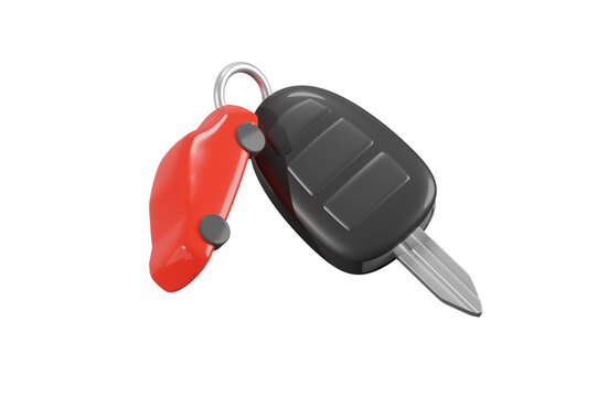Car access and vehicle control 3d icon. Car key with red remote keychain. Isolated 3D object.