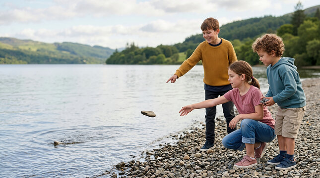 Children skipping stones on a lake shore. Kids throwing rocks into the water during a summer nature walk