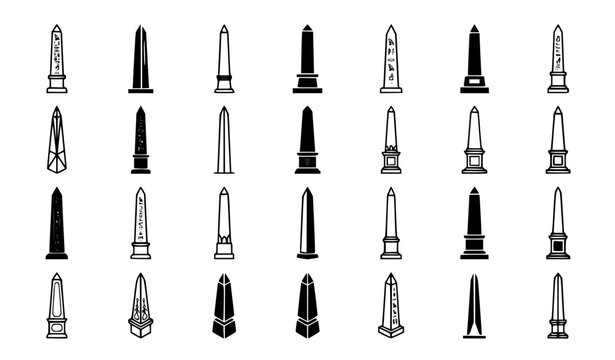 Obelisk Icon Set with Egyptian Monument Filled and Outline Vector Symbols