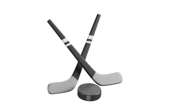 Crossed hockey sticks with puck 3d icon. Ice hockey and sports equipment. Isolated 3D object.
