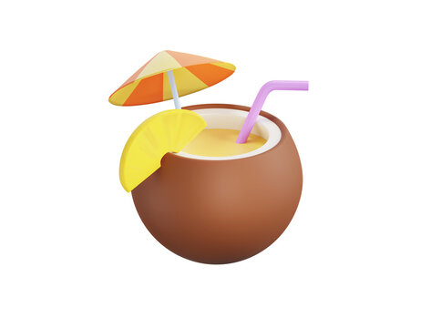 Coconut drink with straw and umbrella 3d icon. Isolated 3D object