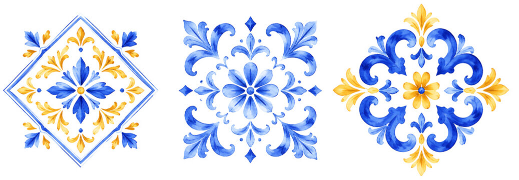 Watercolor majolica tile patterns, italian sicilian ornament for decor.